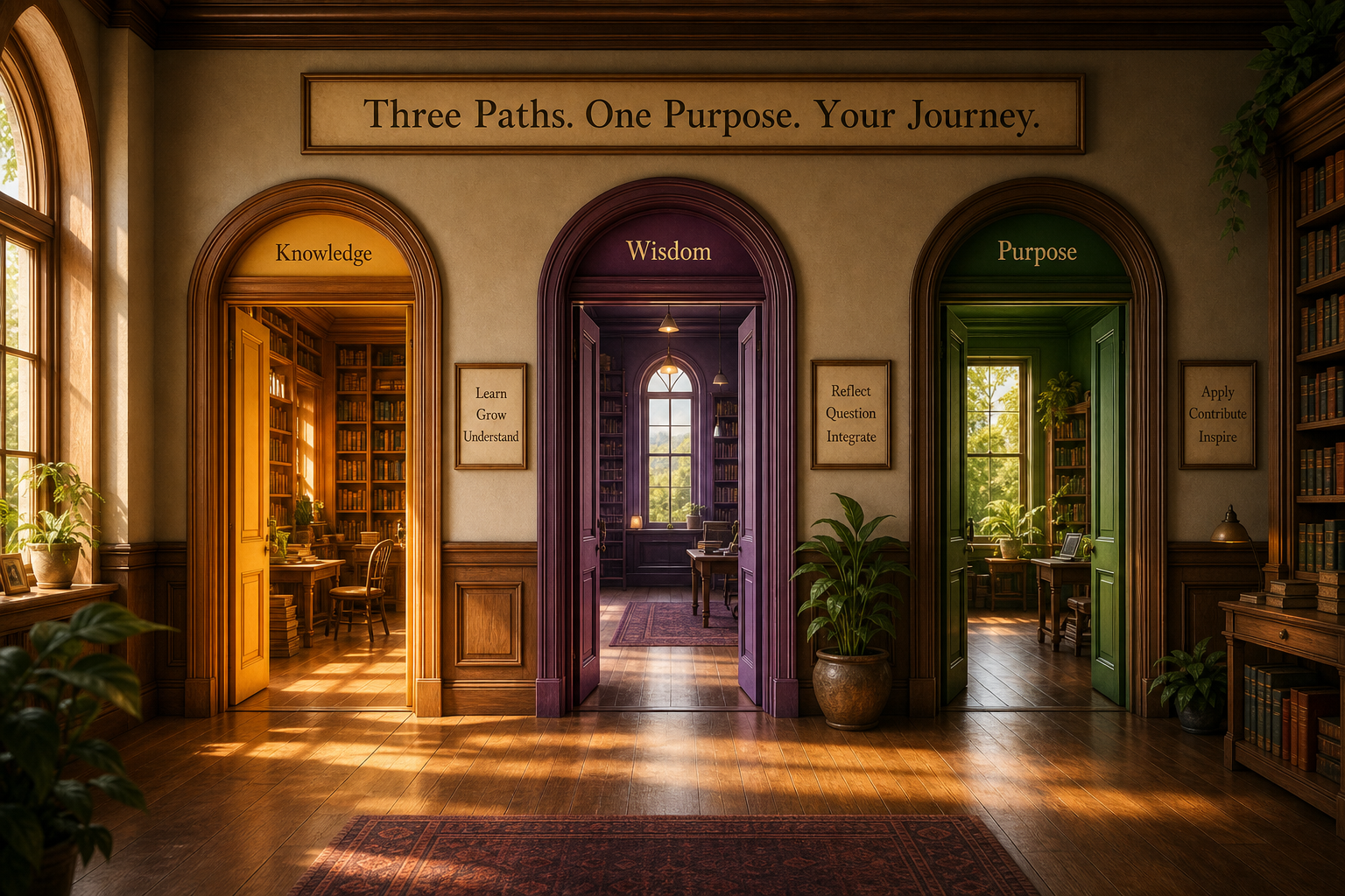 Three learning paths — gold, purple, and green doorways in a modern corridor